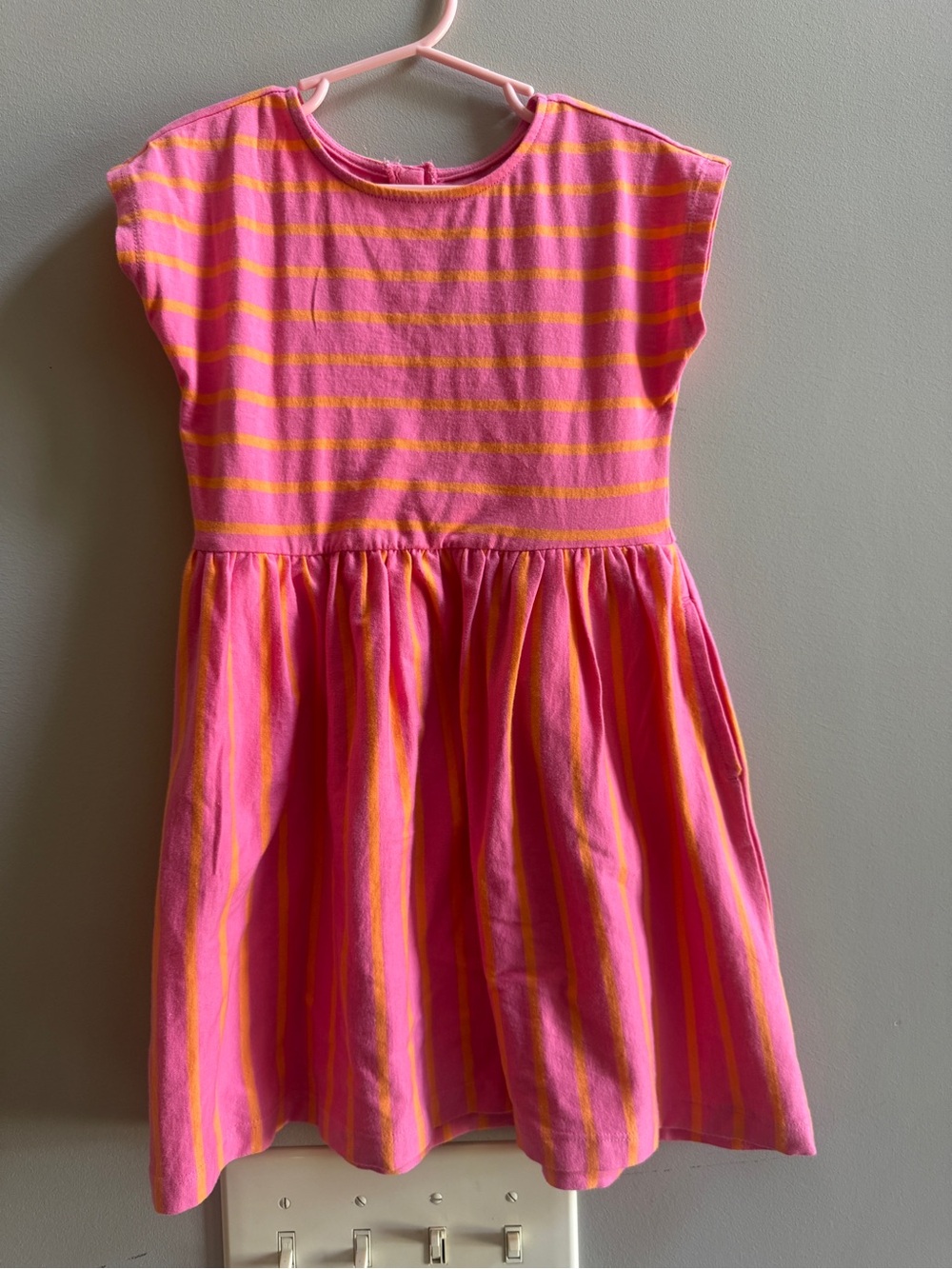 Primary Pink and Orange Striped Casual Girls' Dress